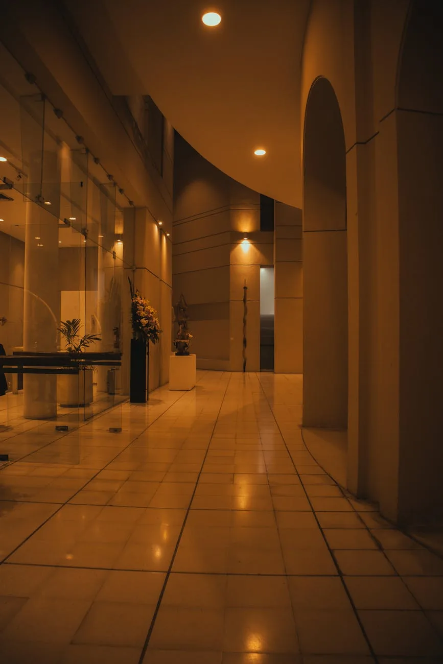 Modern corporate office interior with warm ambient lighting and clean architectural detailing